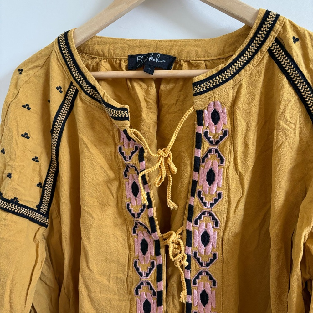 Embroidered Mustard Tie Blouse - Picture 2 of 4